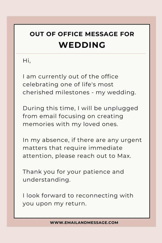 Sample Out of office message for Wedding