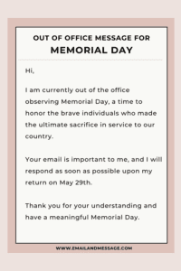 Image: Memorial Day Out of Office message Template. Text: 'Currently out of office for Memorial Day.